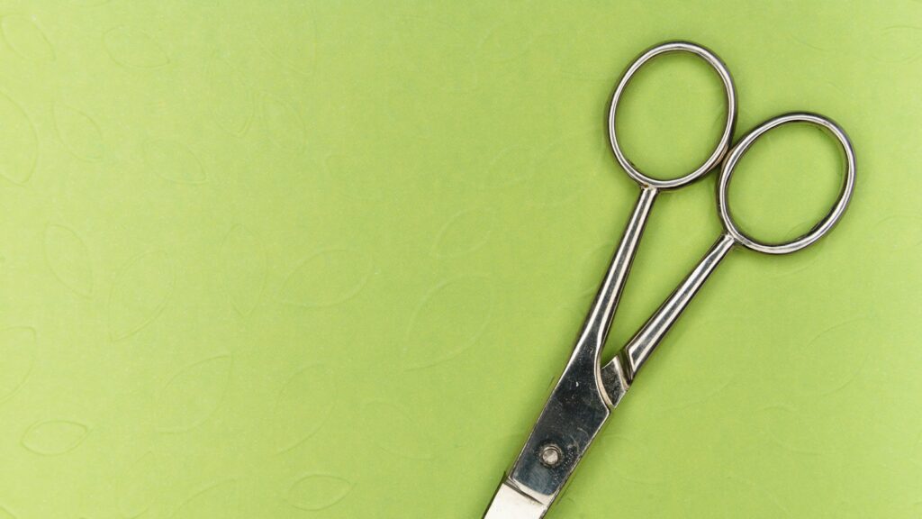 Silver scissors on green surface