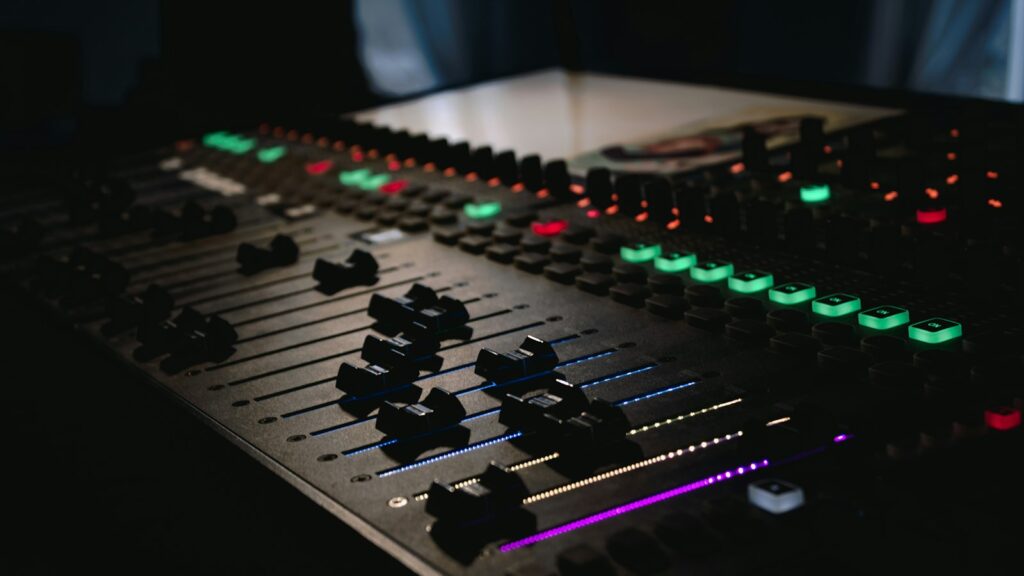 Black and green audio mixer