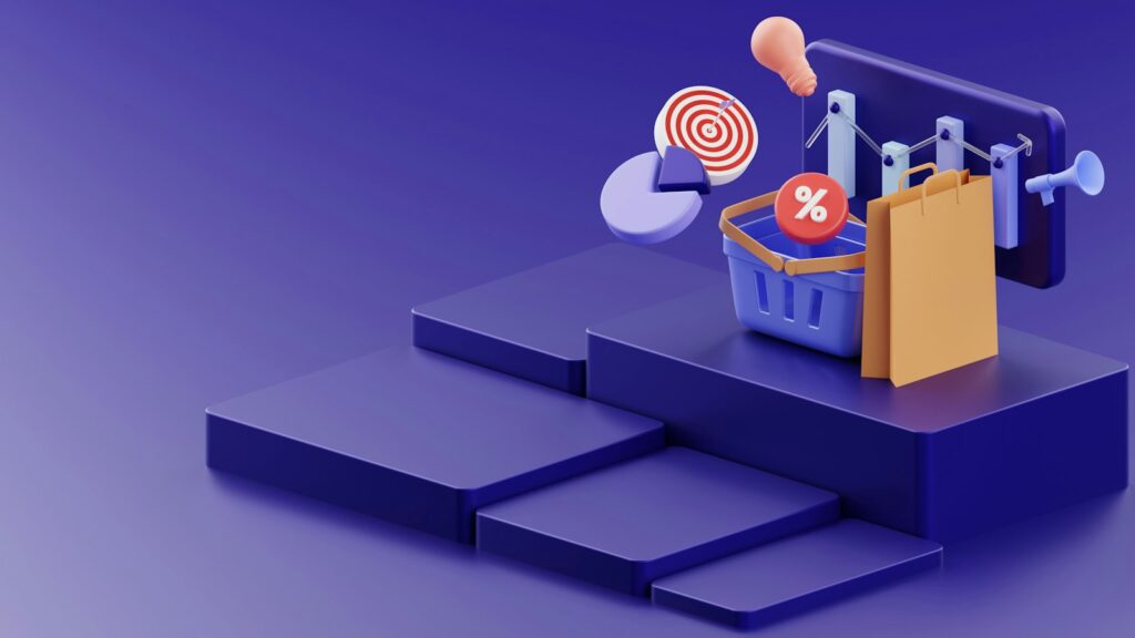 A purple background with a basket of items and a target