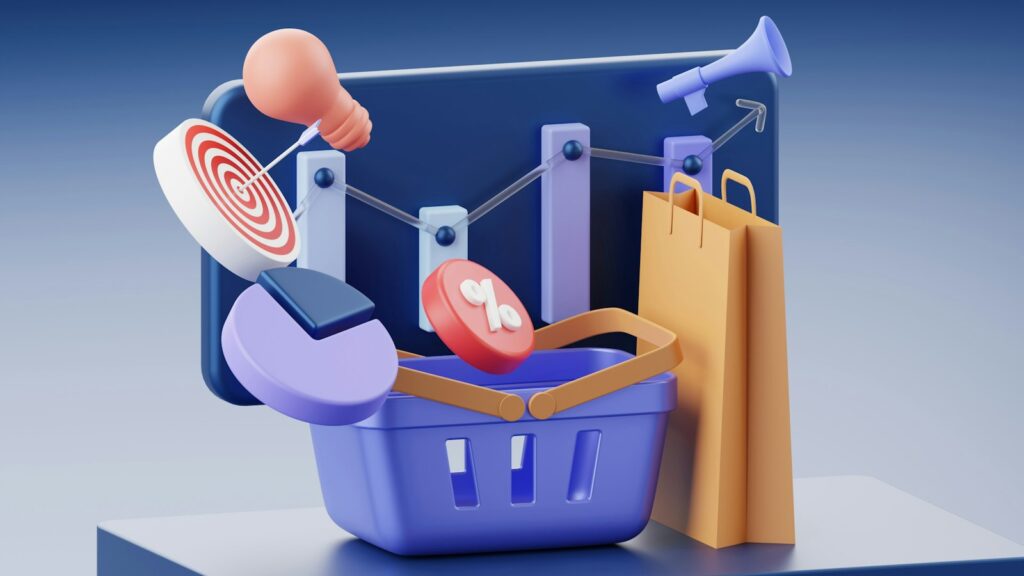 A shopping basket, paper bag, target, and chart icons on a blue background