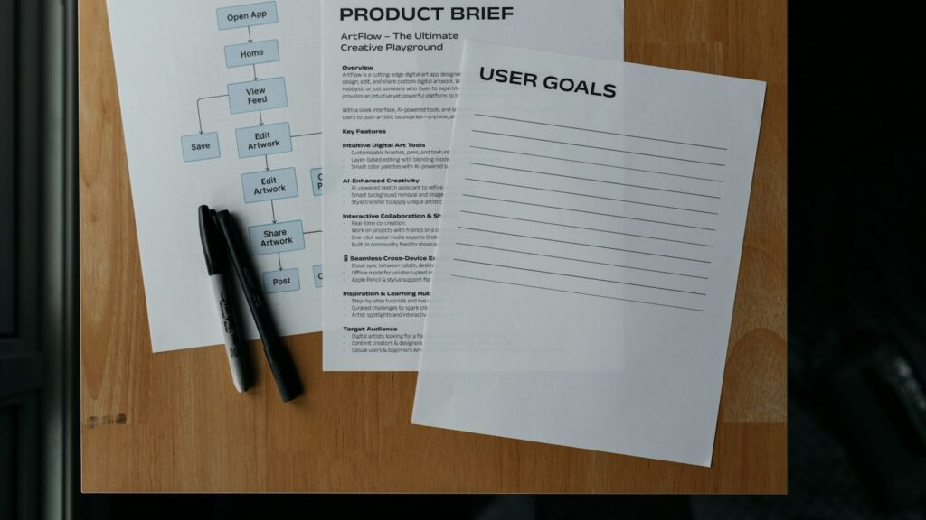 Documents and a pen lay on a wooden surface