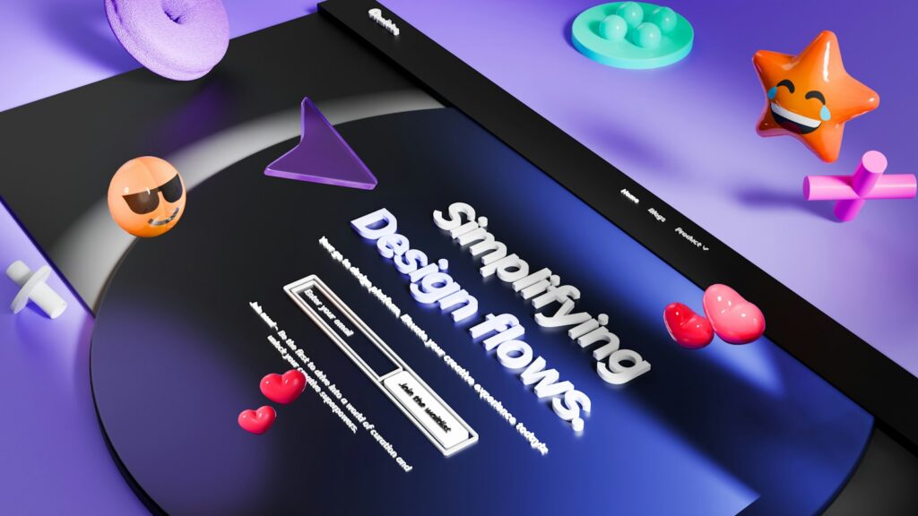 3D abstract shapes and emojis on purple background