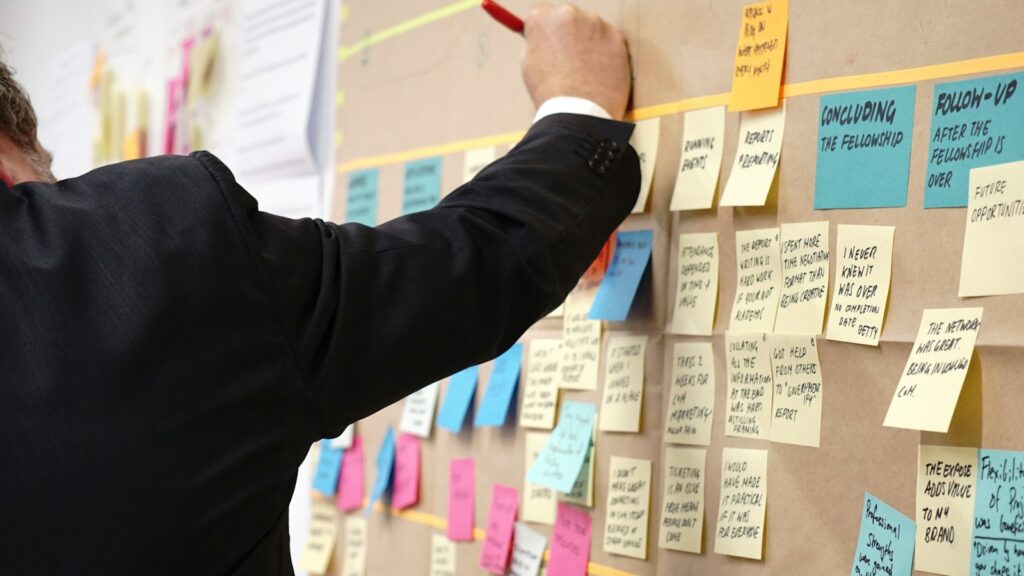 Sticky notes on corkboard