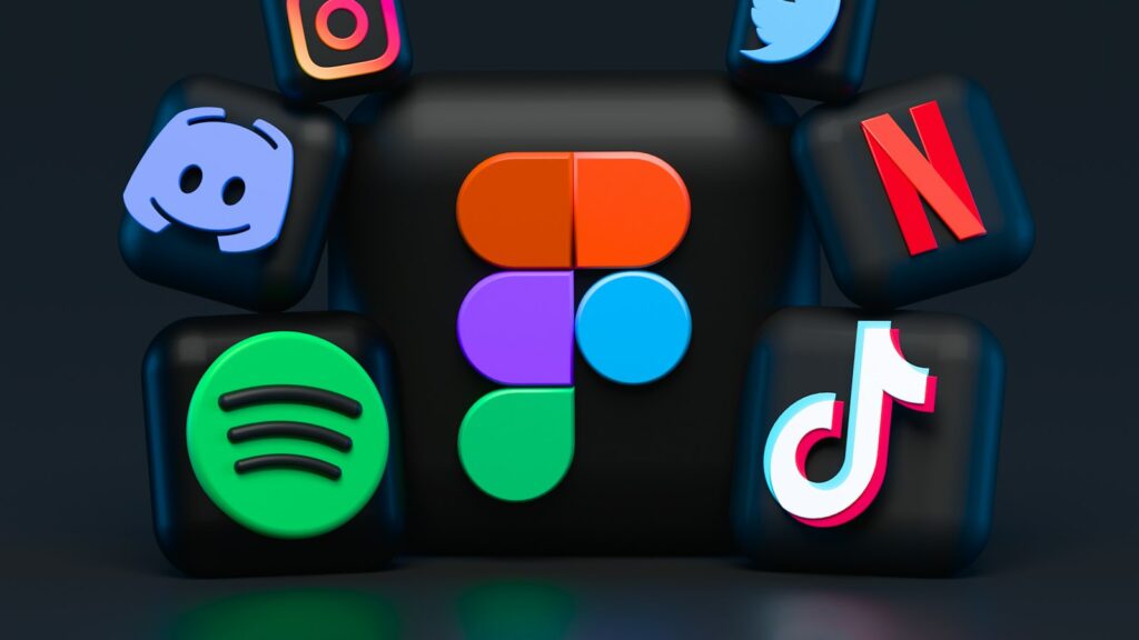 A central Figma logo surrounded by various social media and streaming app icons